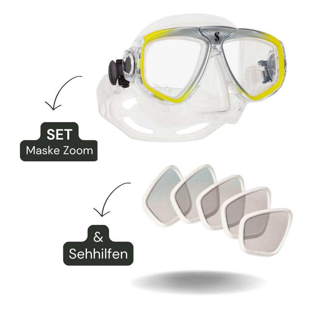 Scubapro Zoom Evo Tauchermaske gelb-silber mit Sehhilfe NEGATIV - fertig montiert
